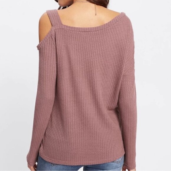 SHEIN Dusty Rose Pink Waffle Knit Asymmetrical Neck Side Slit Top - Picture 3 of 11